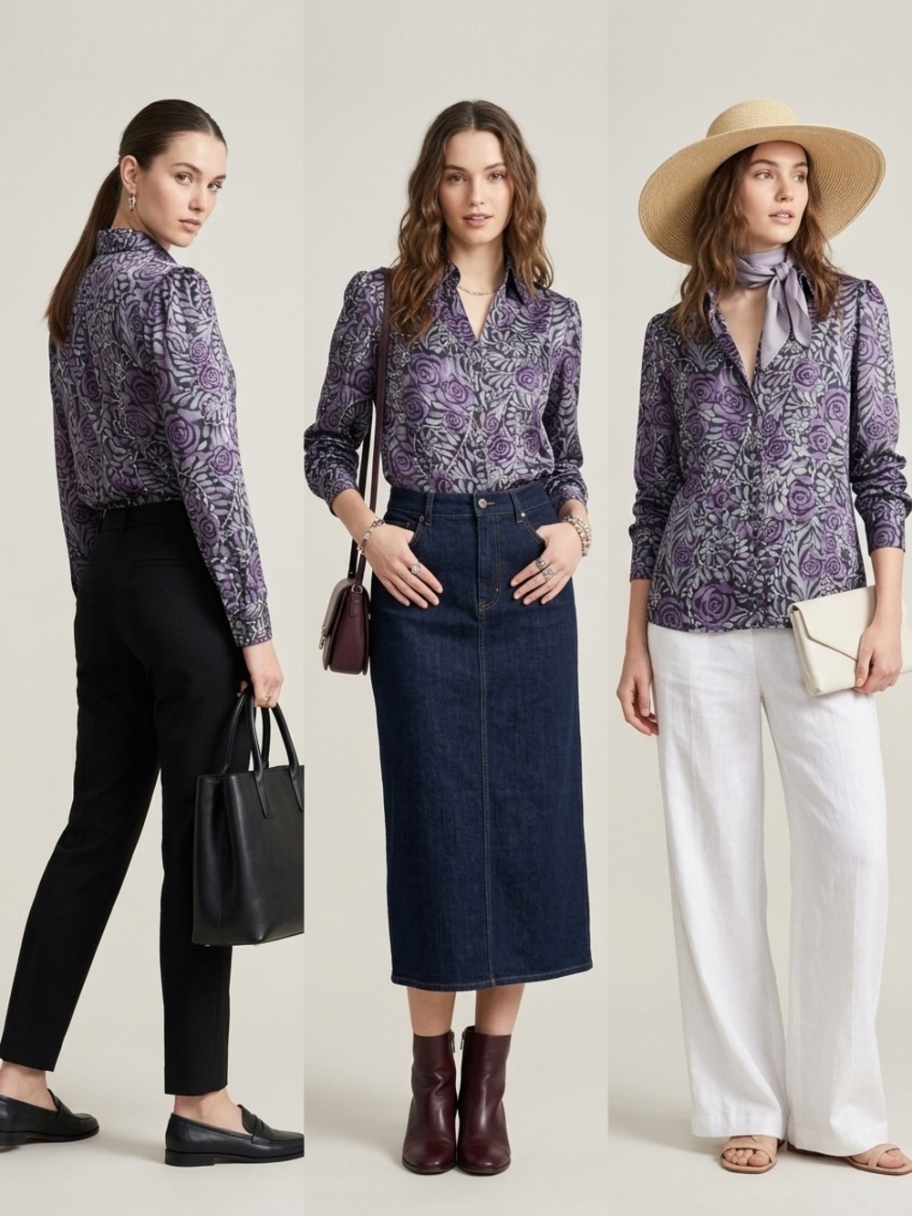 East 5th Purple and Gray Floral Button-Front Top